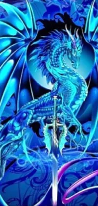 This phone live wallpaper showcases a captivating image of a blue dragon clutching a sword against a backdrop of psychedelic black light