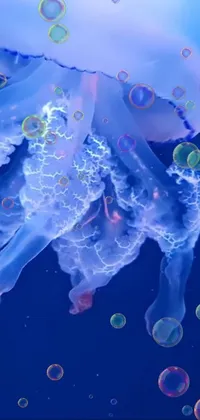 This phone live wallpaper showcases a mesmerizing 3D animation of a jellyfish gracefully floating in water, accompanied by soothing bubbles and seahorses moving in the background