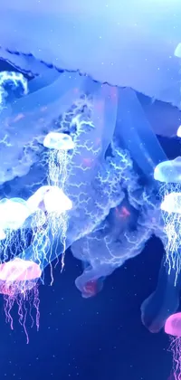 This live phone wallpaper features a group of jellyfish elegantly gliding atop a tranquil body of water