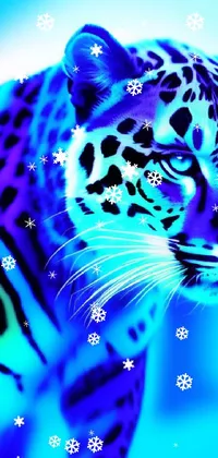 This live wallpaper features a digital rendering of a stunning leopard up close, against a mesmerizing blue background