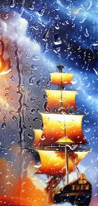 This live phone wallpaper features a stunning digital painting of a three-masted sailing ship in the sea inspired by fantasy art and oil paintings