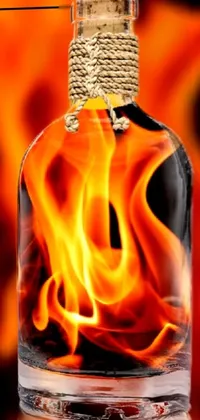 This live wallpaper features a captivating design of a glass bottle with a raging fire burning inside of it