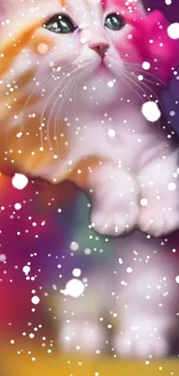 This live phone wallpaper features a digital painting of a white kitten with a pink bow on its head