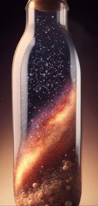 Experience an enchanting live wallpaper with a sand-filled wine bottle on a table surrounded by a photorealistic Milky Way galaxy
