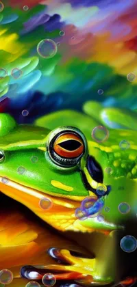 This phone live wallpaper showcases an exquisite airbrush painting of a frog, sitting on the ground