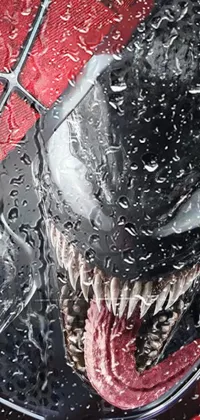 This phone live wallpaper showcases a detailed close-up image of Spider-Man's venomized face, with glowing yellow eyes and black and white spider design