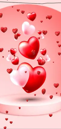This live wallpaper features a 3D render of red and white hearts floating in the air over a simple background