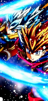 This anime live wallpaper features two dynamic characters flying through the air, with an orange fire and blue ice duality