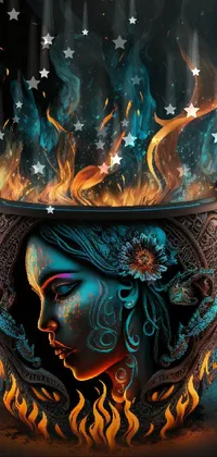 This live wallpaper depicts a woman sitting in a fiery bowl surrounded by blue flames, with an overturned ornate chalice visible in the background