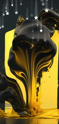 This phone live wallpaper showcases a black and yellow liquid pouring out of a 3D rendered device