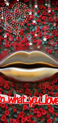 This phone live wallpaper features a stunning and surrealistic sculpture of a golden lip resting on top of a bed of red roses