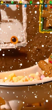 This live wallpaper features a whimsical depiction of a gingerbread figure taking a luxurious soak in a bathtub filled with fluffy marshmallows