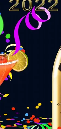 A colorful live phone wallpaper featuring a champagne bottle surrounded by festive balloons, confetti, and cocktails scattered around