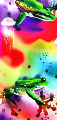 This phone live wallpaper features two frogs in a colorful airbrush painting style