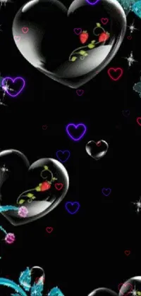 This enchanting live wallpaper features a sleek black background adorned with delightful hearts and charming flowers, enhanced by Swarovski-style crystals that add a touch of glamour and shine