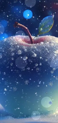 This phone wallpaper showcases a breathtaking snow-covered apple on top of glistening, wintry ground