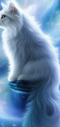 A phone wallpaper showcasing a stunning white cat sitting on a table, with a fascinating galaxy in the background