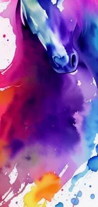 This phone live wallpaper features an abstract watercolor painting of a horse in bold and bright ultraviolet colors