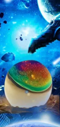 This live wallpaper features a colorful cake on top of a wooden piece with a cherry atop and caramel dripping down its sides