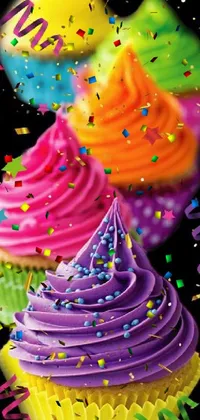 This live phone wallpaper by Lisa Frank is a colorful extravaganza of cupcakes, ice cream cones, and lollipops on a black background