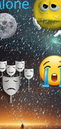This lively phone live wallpaper features a group of emoticons wearing colorful rain jackets and holding umbrellas while standing in the rain