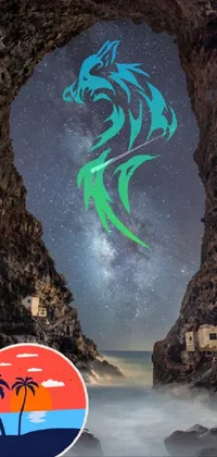 This phone wallpaper features an intriguing cave with a fiery-eyed dragon guarding its entrance