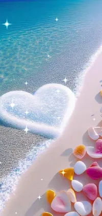 This live wallpaper features a colorful and mesmerizing scene of a heart made of shells on a serene and relaxing beach