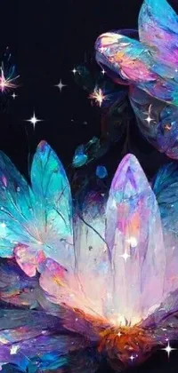 This vibrant live phone wallpaper showcases a group of fluttering butterflies on top of a glowing purple flower with opal-like designs