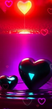 This live phone wallpaper features two hearts floating on a body of water, emitting vibrant red and obsidian neon tones, surrounded by volumetric lighting iridescence