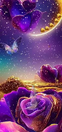 This live phone wallpaper features a close-up of a vibrant flower with a majestic moon rising behind it, glowing butterflies, and a glitter animation effect