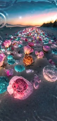 This stunning phone live wallpaper features a photorealistic painting of a colorful, stone-filled beach