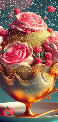 This delightful live wallpaper for your phone showcases a stunning golden cup and saucer filled with a bouquet of lovely pink roses created entirely from brightly-colored sweets