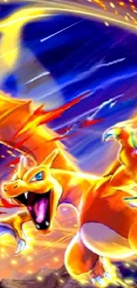 This exquisite phone live wallpaper features a shiny golden charizard dog hybrid animal flying through the air along with pokemon cards in the background