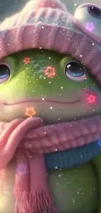 Featuring a green frog donning a vibrant pink hat and scarf, this phone live wallpaper is full of charm