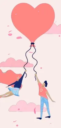 Get lost in a whimsical and sweet romance with this stunning phone live wallpaper! The charming and unique composition features a cute couple flying high with a heart-shaped balloon in hand