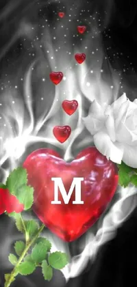 This stunning phone live wallpaper features a red and white heart and roses design with the letter M, designed by an anonymous artist on Tumblr