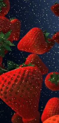 This lively and unique phone live wallpaper features a bunch of ripe red strawberries soaring through a stunning digital backdrop