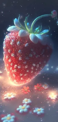 This mobile live wallpaper depicts a close-up view of a strawberry with flowers growing on it