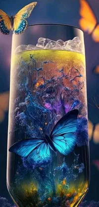 This live phone wallpaper is a stunning creation featuring a glass filled with colorful liquid and fluttering butterflies