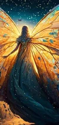 This phone live wallpaper depicts a mesmerizing fantasy scene featuring a woman in a butterfly dress with two pairs of wings standing in a beautiful field