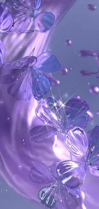 This phone live wallpaper showcases a flurry of butterflies made from shimmering liquid purple metal, cleverly using the material to create a visually striking effect
