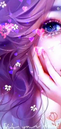 This digital live wallpaper features a highly-detailed, close-up shot of a person with distinctive purple hair
