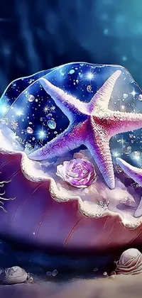 Looking for a stunning and magical live wallpaper for your phone? Look no further than this fantasy art-inspired option! Featuring a beautiful starfish resting atop a gorgeous purple shell, this wallpaper incorporates a mesmerizing combination of blue and pink hues