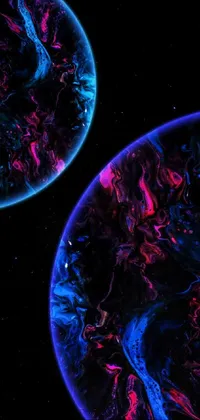 This live wallpaper depicts two planets against a dark neon colored universe, with abstract liquid patterns and a neon blacklight color scheme