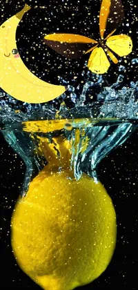 This phone live wallpaper is a beautiful and realistic 3D-rendered image of a lemon floating in crystal clear water, with a butterfly perched on top