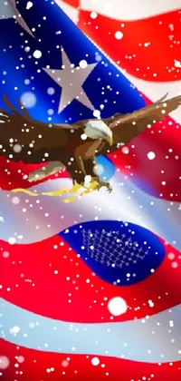 The Bald Eagle & American Flag Live Wallpaper features a stunningly rendered digital art of a proud American bald eagle soaring over a captivating backdrop of the American flag