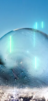 This phone live wallpaper features a snow globe on a snow pile with soap bubble, magic ice phoenix egg, a picture, and glittering snowflakes falling