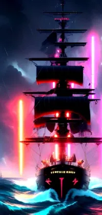 This live wallpaper depicts a large ship floating on a body of water with floating swords, adding danger to the dynamic design