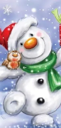 This live phone wallpaper features an adorable snowman holding a wrapped gift in a snowy landscape