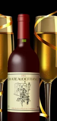 This phone live wallpaper features a digital rendering of a wine bottle and two glasses with gold trimmings